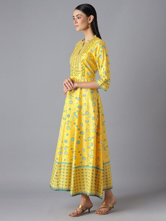 Aurelia Yellow & Green Ethnic Motifs Pure Cotton Maxi Dress