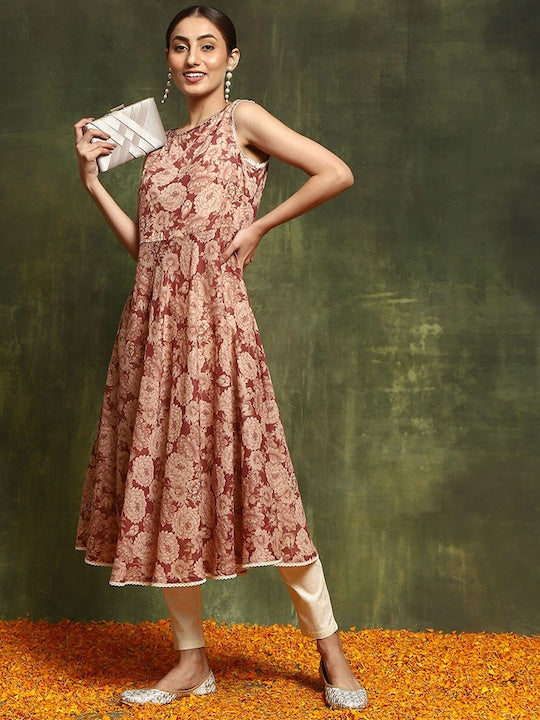 AKS Floral Printed Sequinned Anarkali Cotton Kurta