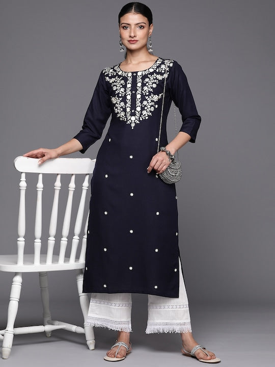 Varanga Women Floral Embroidered Thread Work Indigo Kurta