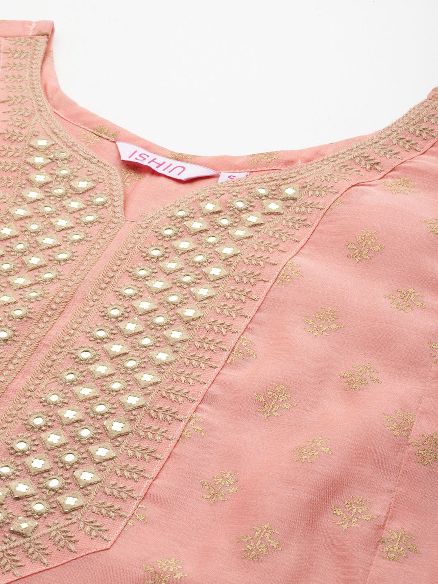 ISHIN Womens Peach Foil Printed Embroidered Silk Flared Kurta