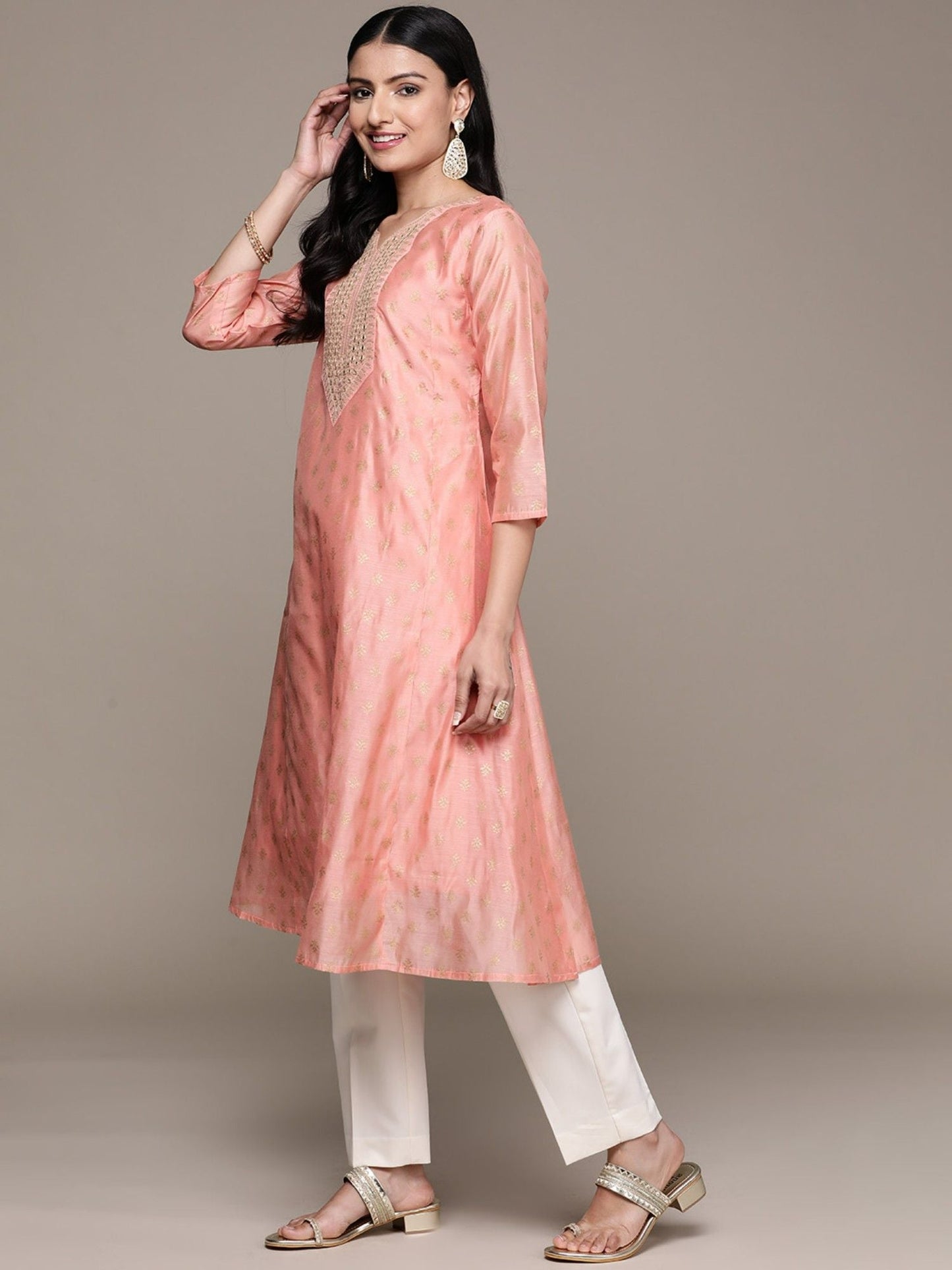 ISHIN Womens Peach Foil Printed Embroidered Silk Flared Kurta