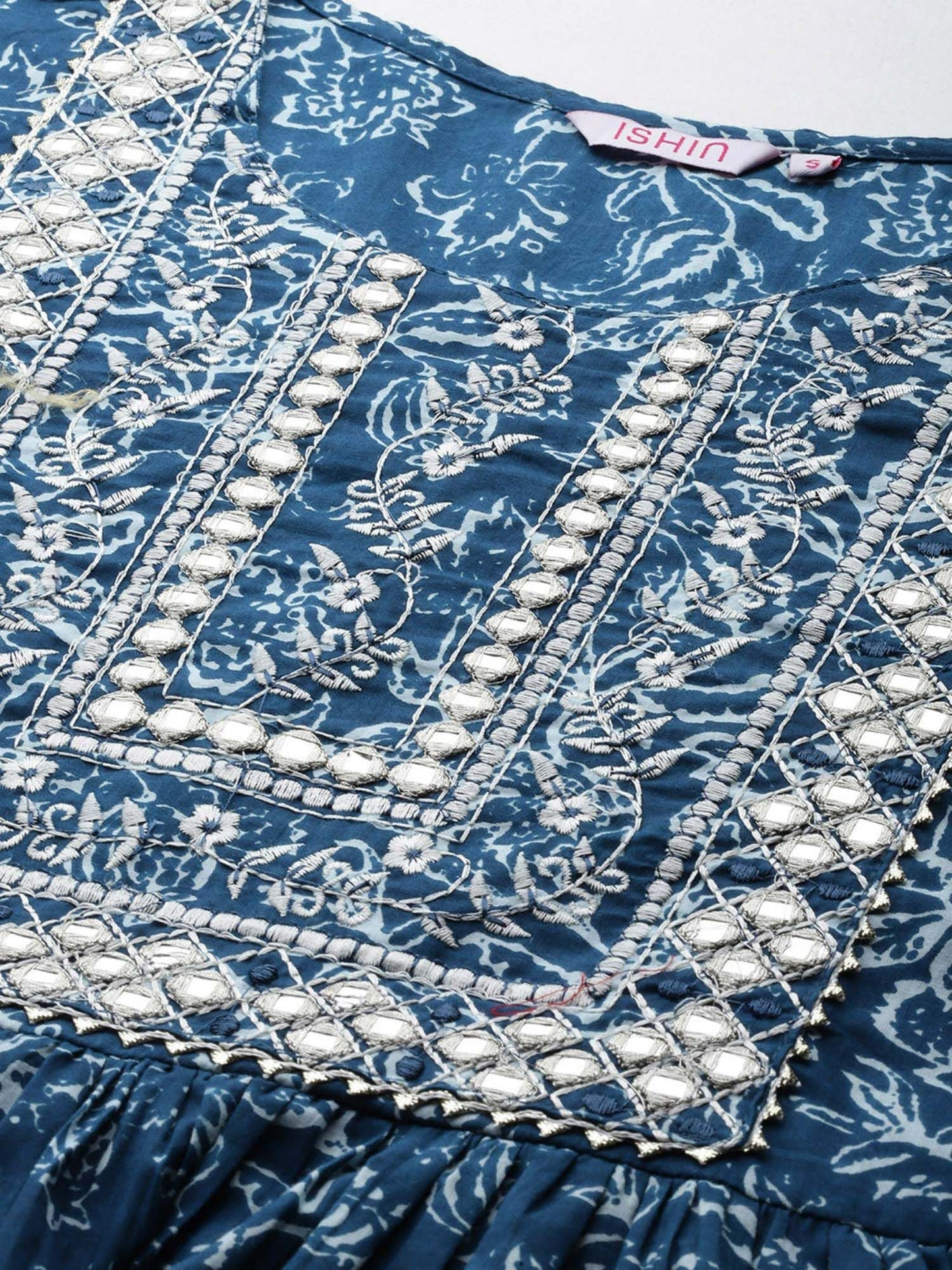 ISHIN Womens Cotton Ethnic Motifs Embroidered Blue A-line Kurta