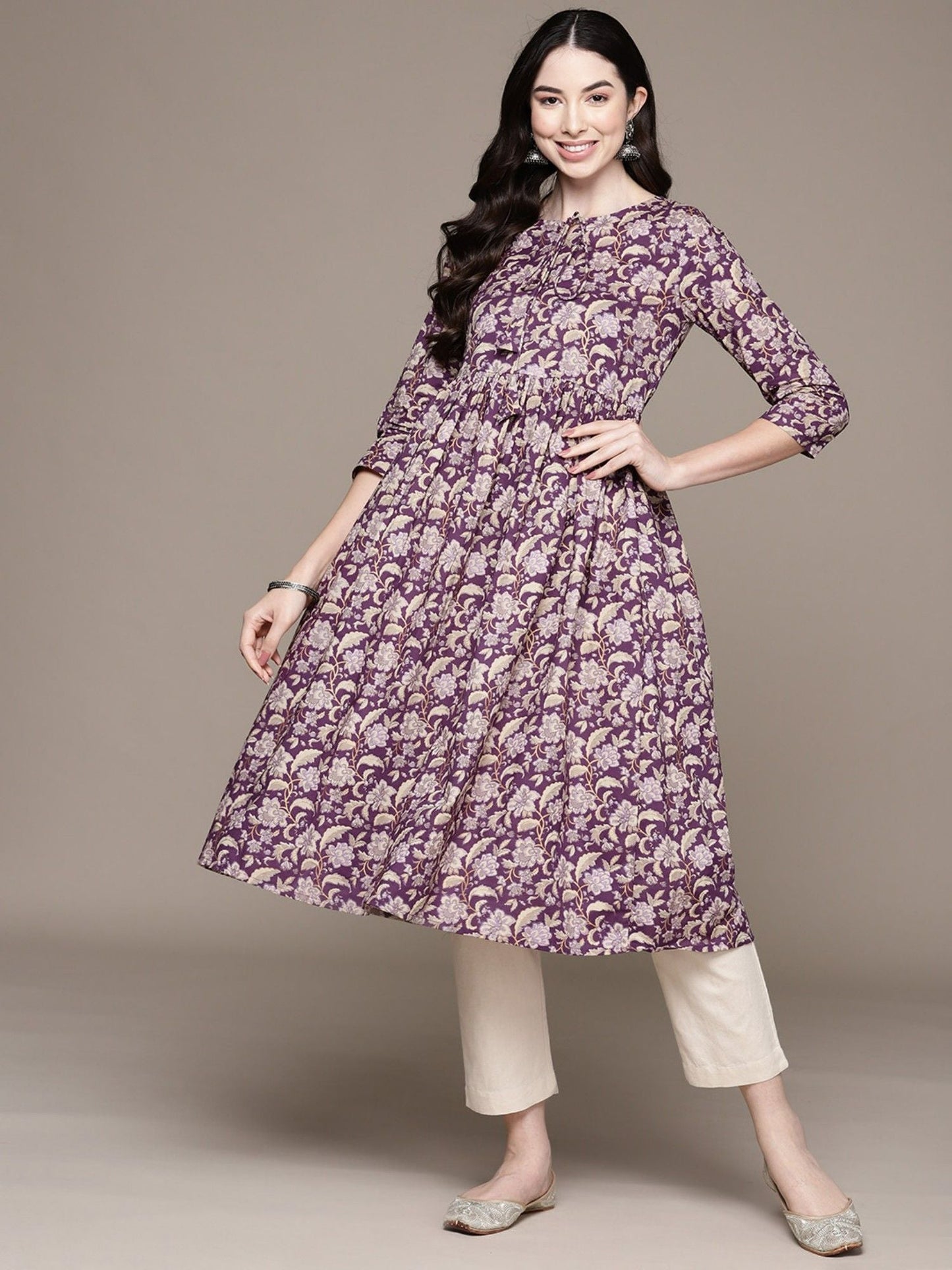 ISHIN Womens Cotton Ethnic Motifs Printed Purple A-line Kurta