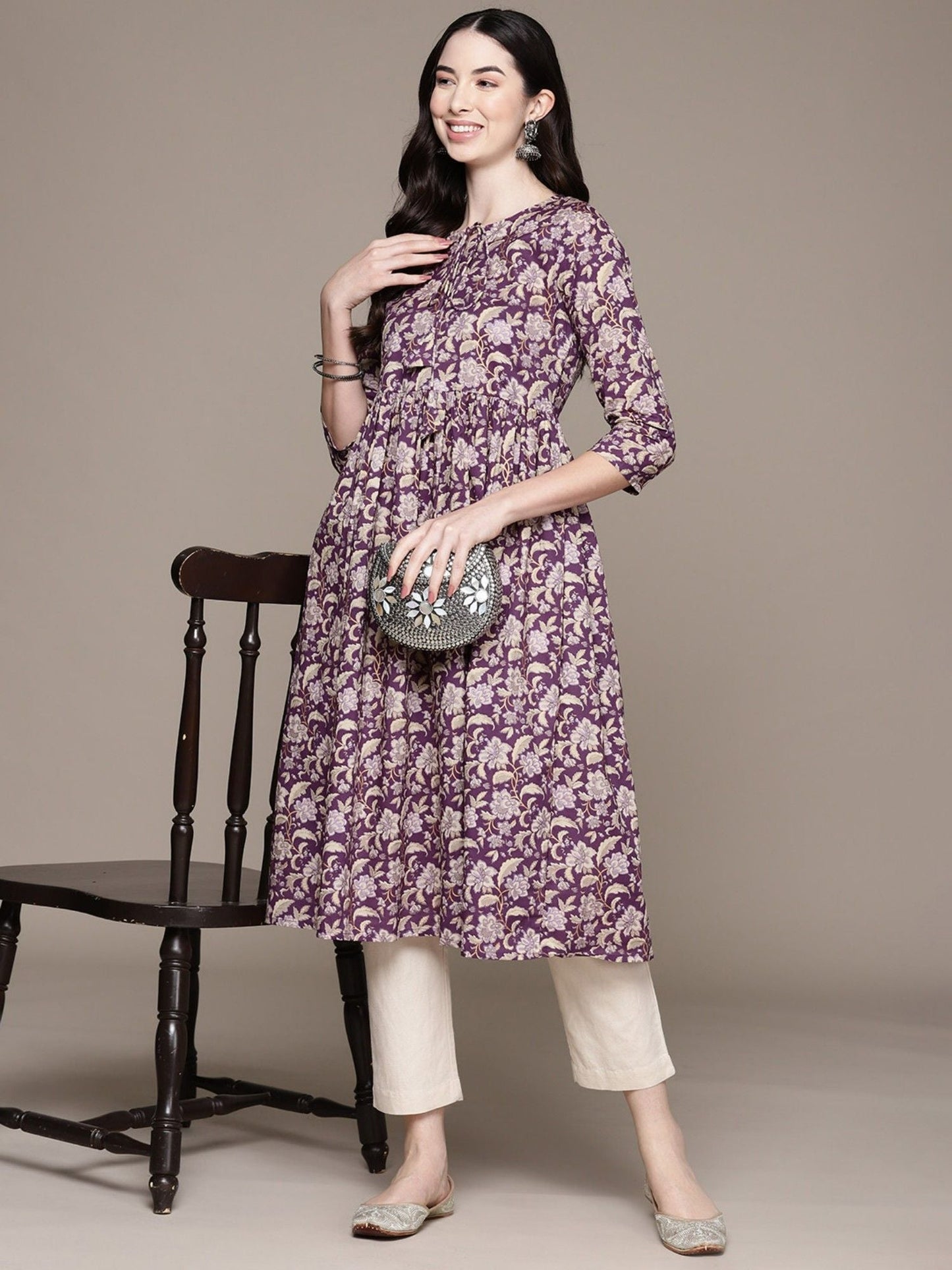 ISHIN Womens Cotton Ethnic Motifs Printed Purple A-line Kurta