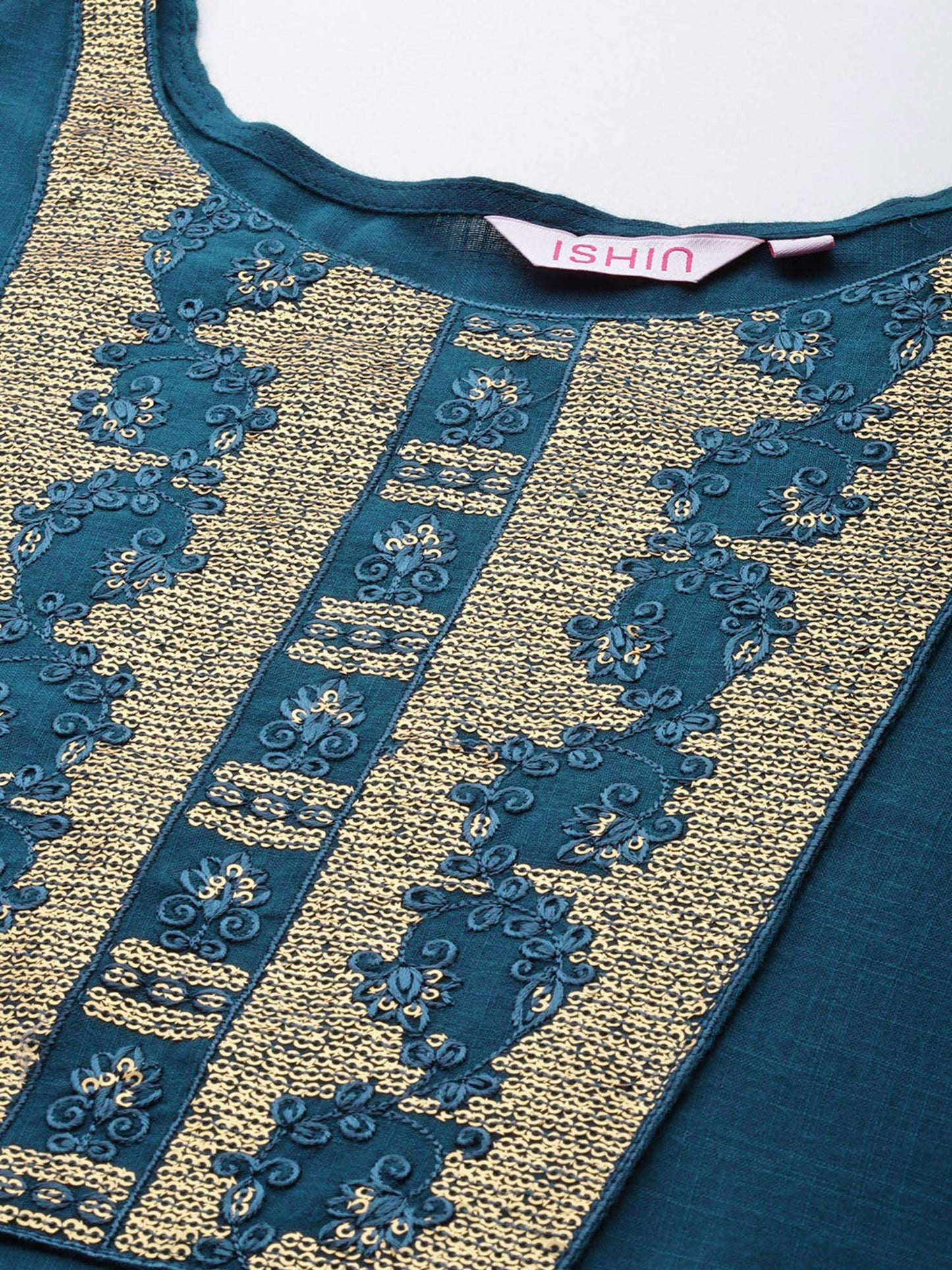 ISHIN Womens Embellished Teal Embroidered Straight Kurta