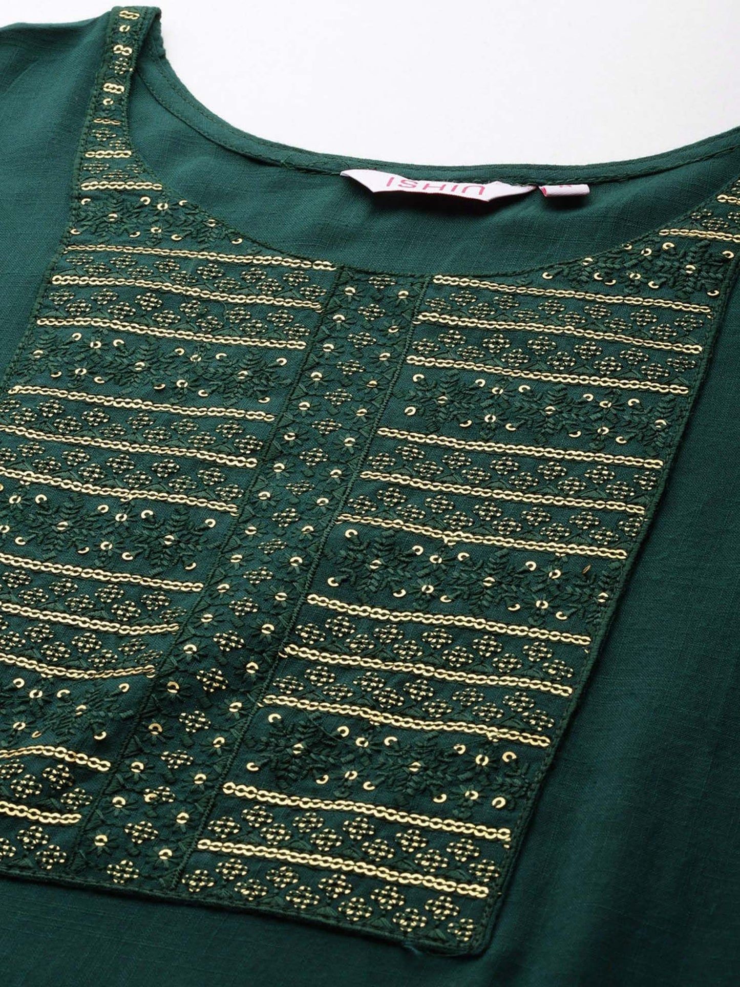 ISHIN Womens Embellished Green Embroidered Straight Kurta