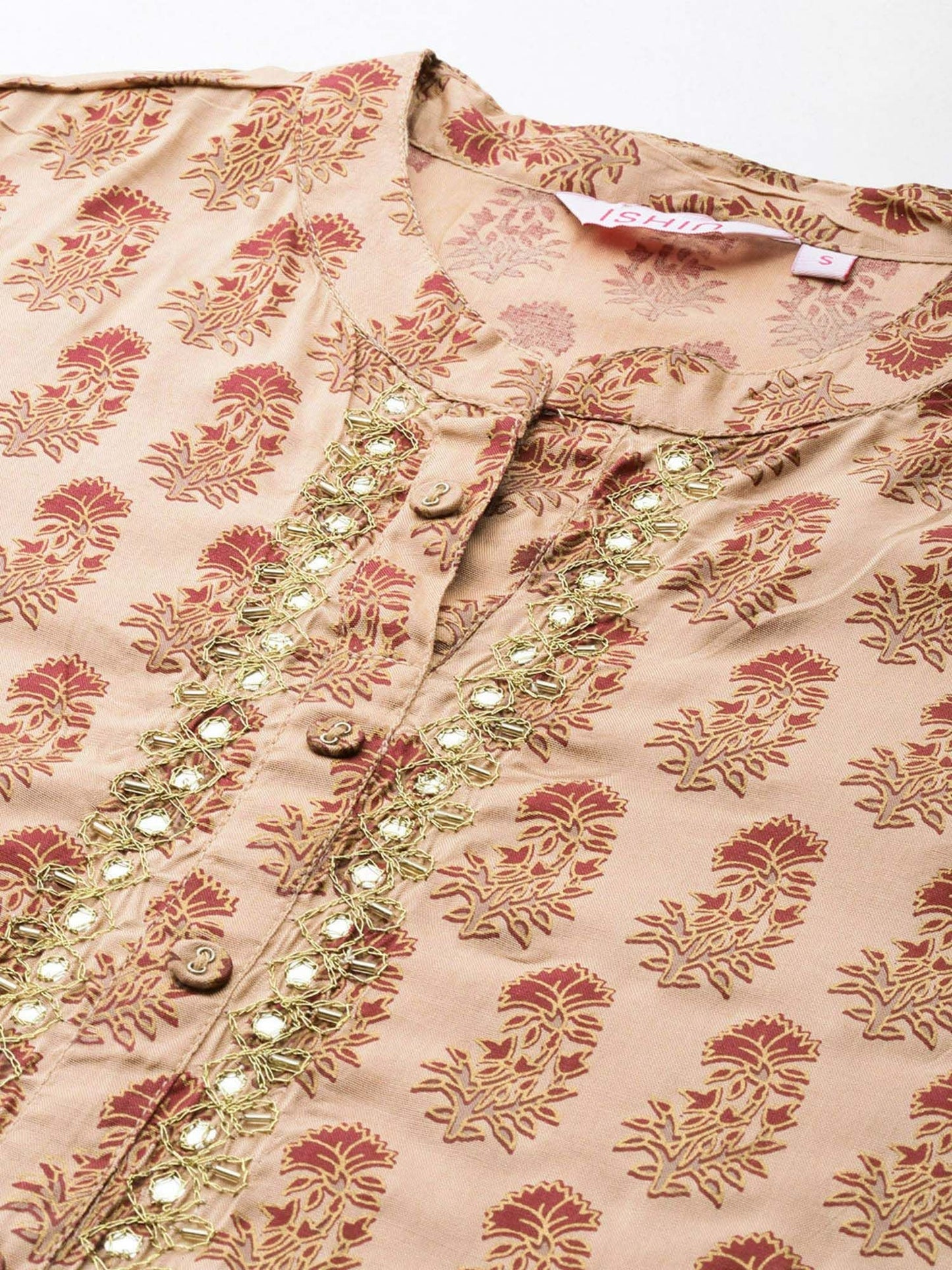 ISHIN Womens Blended Floral Beige Printed Straight Kurta