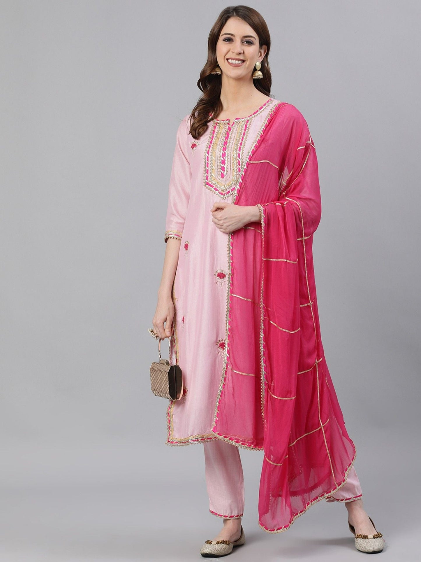 ISHIN Womens Pink Embroidered A-line Kurta Trouser Dupatta (Set of 3)