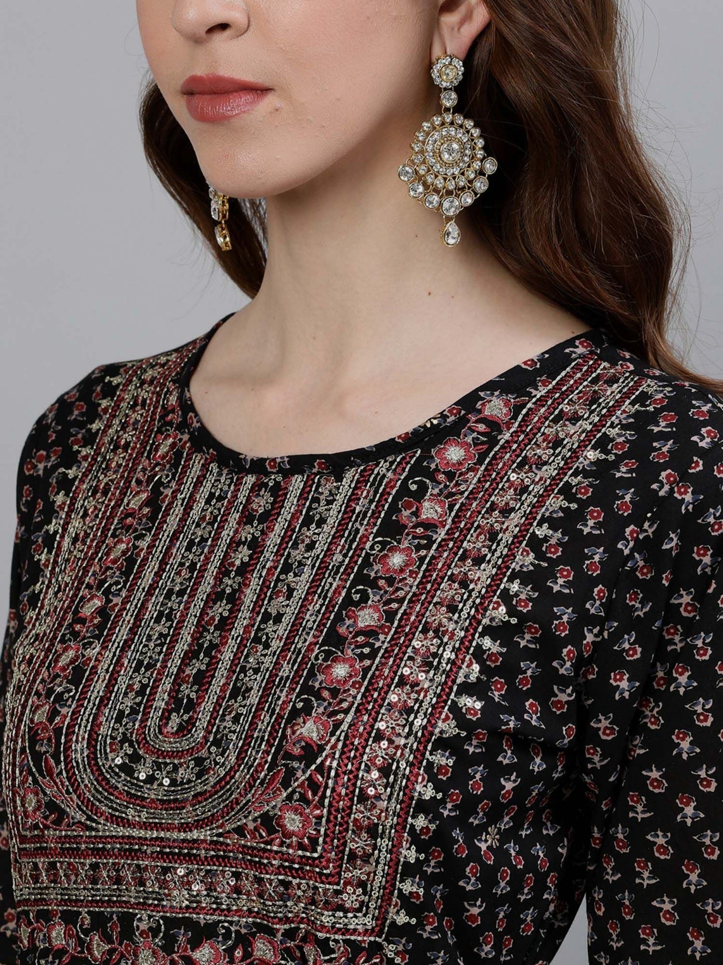 ISHIN Womens Black Yoke Embellished Anarkali Kurta