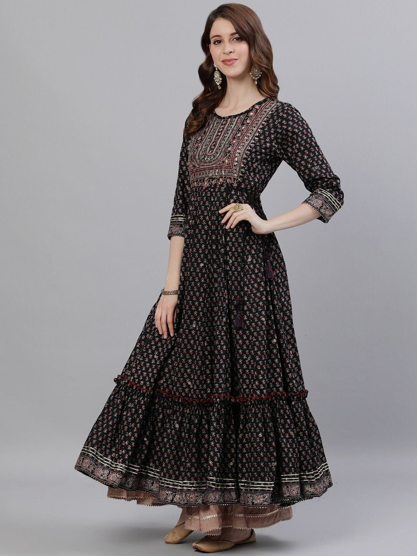 ISHIN Womens Black Yoke Embellished Anarkali Kurta