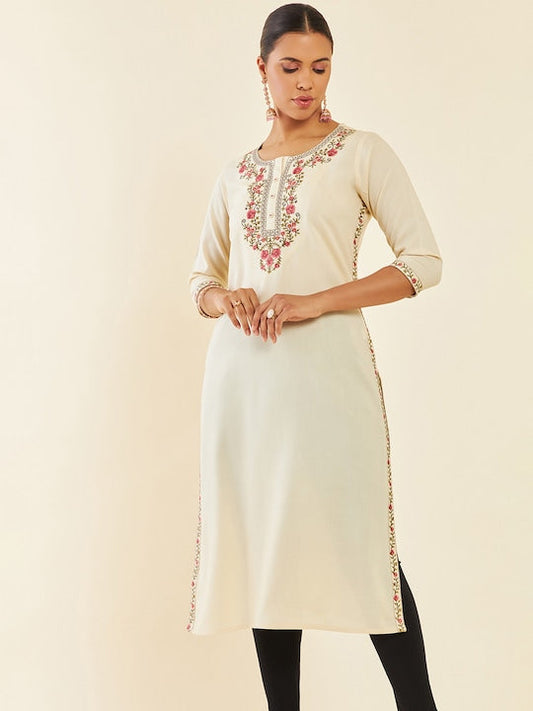 Soch Beige Floral Embroidered Thread Work Kurta