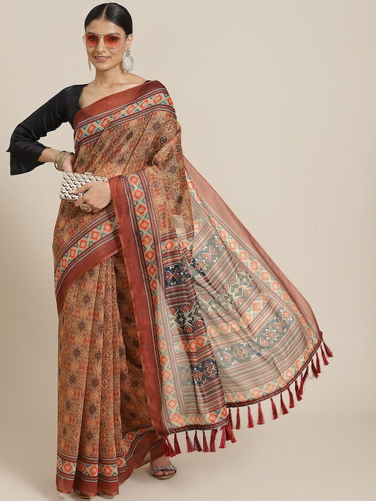 Silk Land Brown & Maroon Kalamkari Block Print Saree