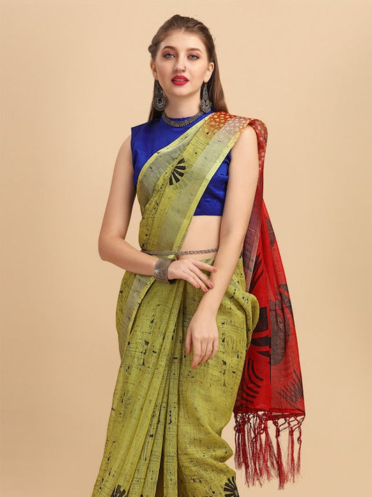 Sangria Mustard & Red Floral Pure Linen Saree