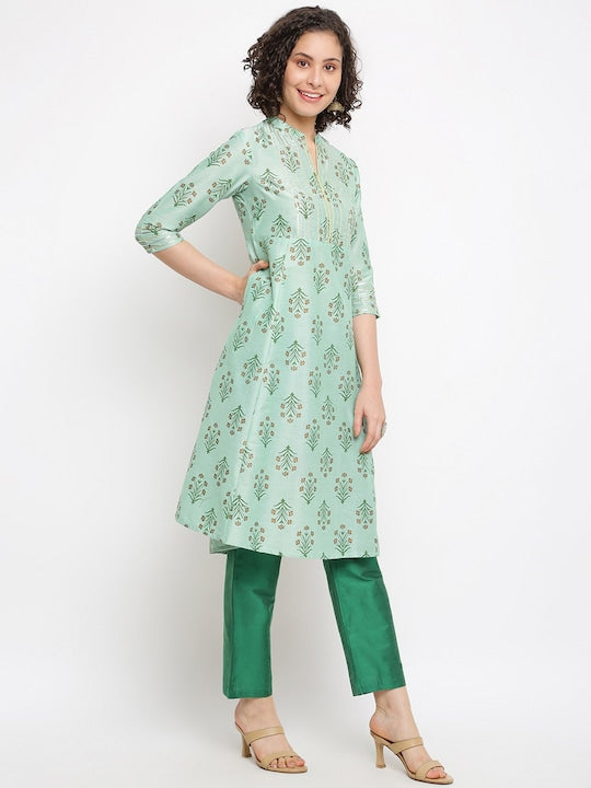 IMARA Floral Printed Mandarin Collar Sequined A-Line Kurta with Trousers