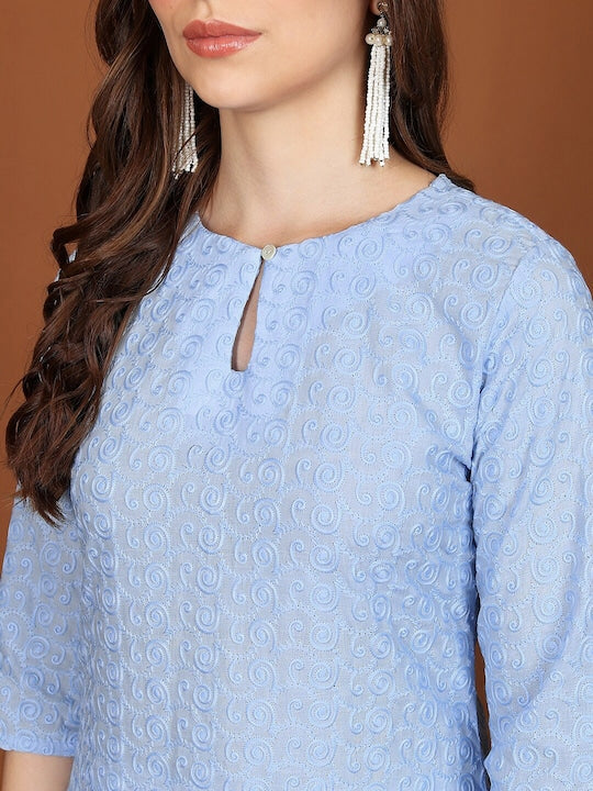 Vishudh Blue Ethnic Motifs Embroidered Keyhole Neck Thread Work Detailed Straight Kurta