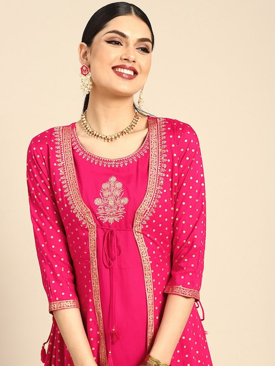Anouk Women Fuchsia & Golden Polka Dots Print Layered Kurta with Trousers