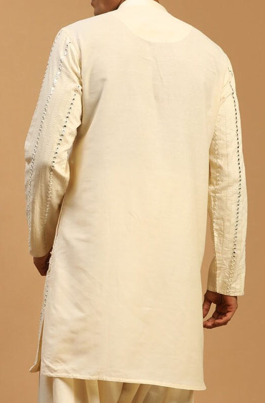 Vastramay Men Cream-Coloured Mirror Work Kurta with Patiala & Dupatta