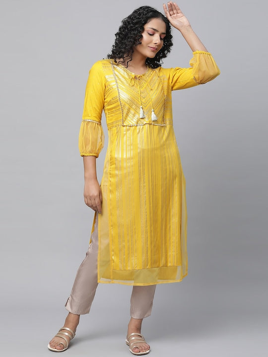 Aurelia Tie-Up Neck Striped Gotta Patti Straight Kurta