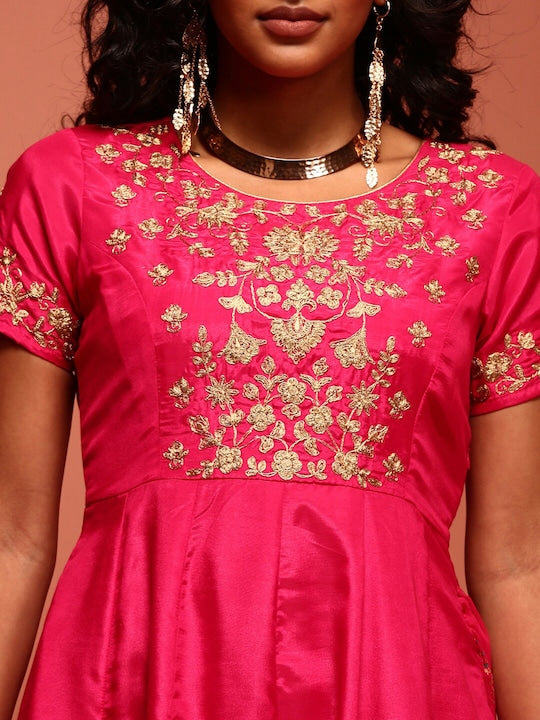 IMARA Ethnic Motifs Embroidered A-Line Ethnic Dress With Dupatta