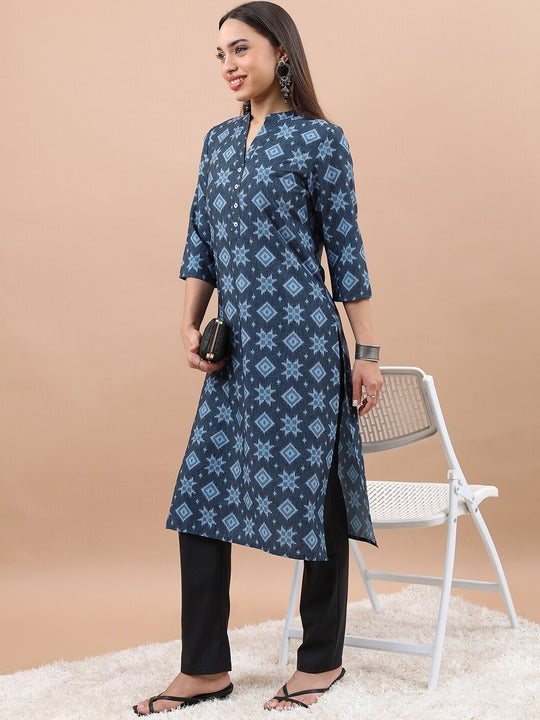 Vishudh Geometric Printed Mandarin Collar Straight Regular Kurta