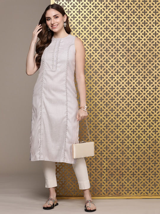 House of Pataudi Self Design Lace Detail Rozana Kurta