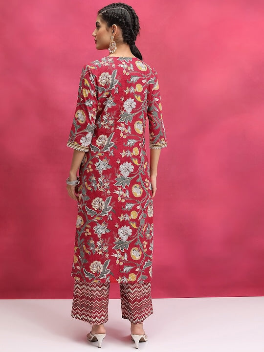 Vishudh Floral Printed Regular Pure Cotton Notch Neck Straight Kurta With Palazzo