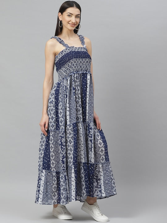 Myshka Navy Blue and White Geometric Printed Maxi Tiered Dress
