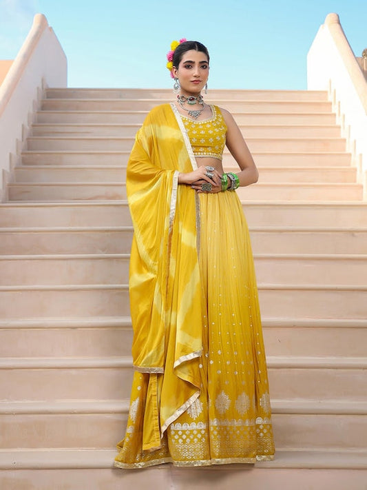 Scakhi Mustard & Gold-Toned Embroidered Foil Print Ready to Wear Lehenga & Blouse With Dupatta