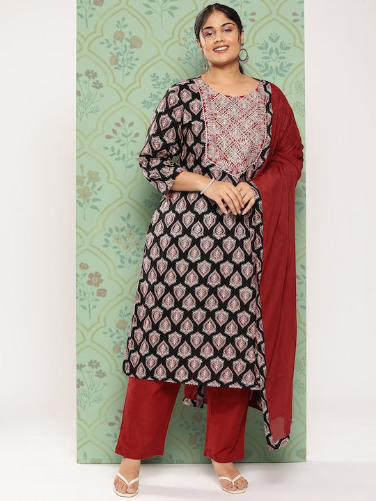 Yufta Women Ethnic Motifs Printed Regular Pure Cotton Kurta with Trousers & With Dupatta