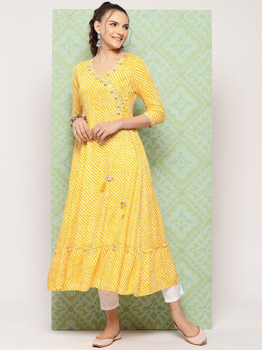 Yufta Leheriya Printed Mirror Work Anarkali Kurta