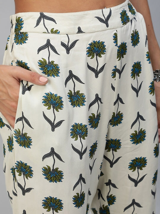 AKS Floral Printed Band Collar Regular Kurta with Trousers