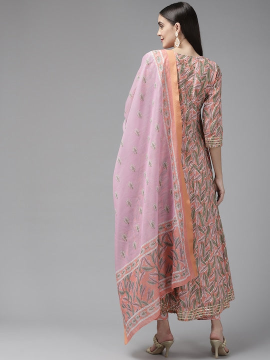 Yufta Women Peach-Coloured Ethnic Motifs Aari Work Pure Cotton Kurta & Trousers & Dupatta