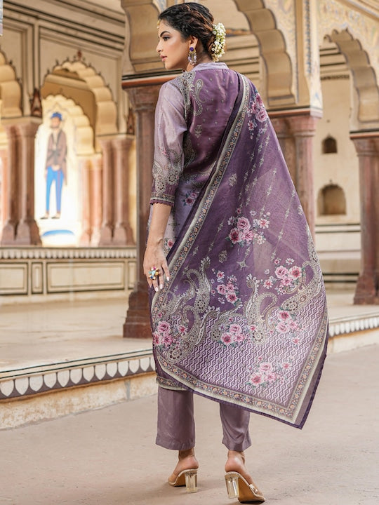 Scakhi Floral Printed Beads & Stones Chanderi Silk Kurta with Trousers & Dupatta