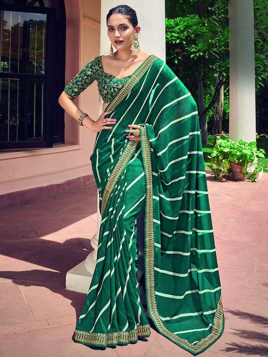 Satrani Green & White Leheriya Printed Embroidered Saree