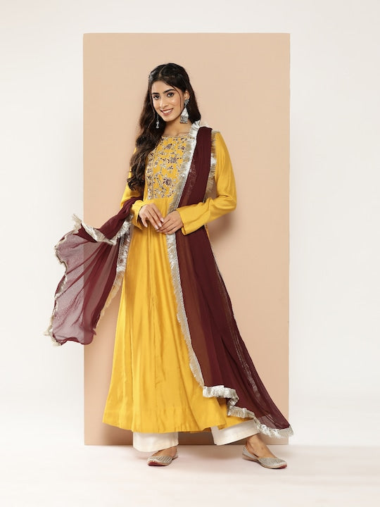 Here&now Floral Embroidered Sequinned Anarkali Kurta with Dupatta