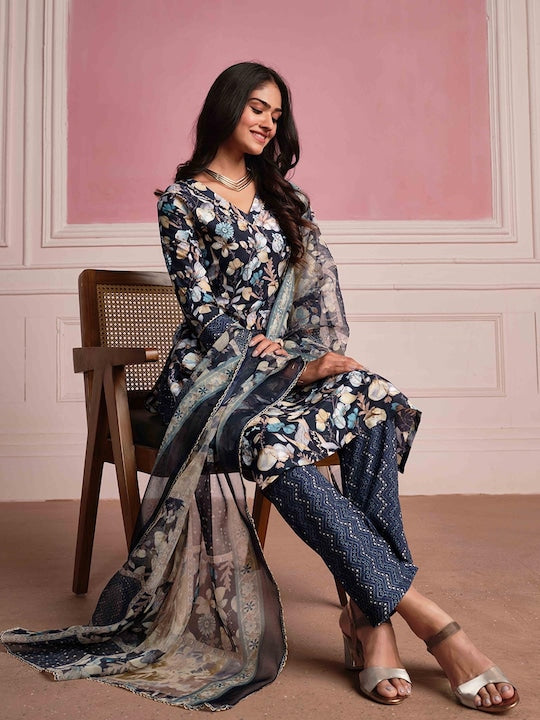 Sangria Floral Printed Staright Kurta With Trousers & Dupatta