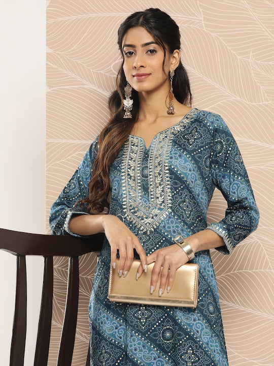 Yufta Bandhani Printed Gotta Patti Kurta Blue