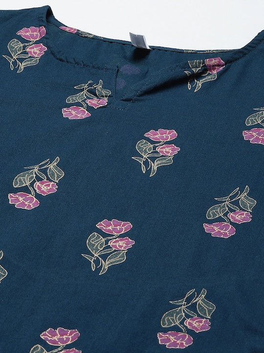 Yufta Women Teal Blue Floral Printed Pure Cotton Kurta with Trousers & With Dupatta