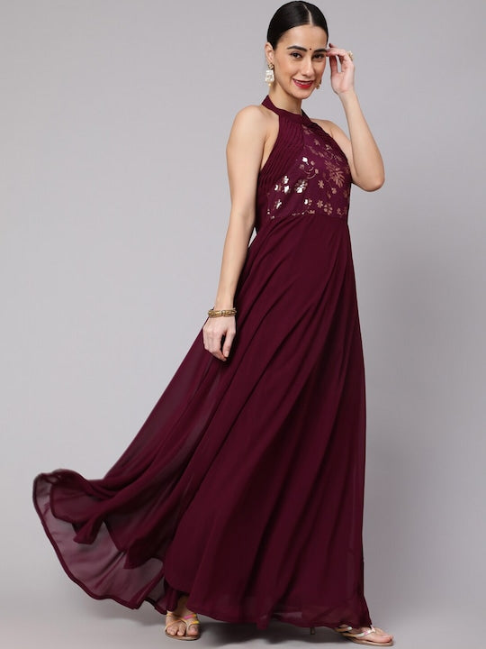 AKS Couture Embelished Halter Neck Georgette Maxi Dress
