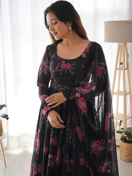 Fusionic Floral Printed Silk Gown Ethnic Dress With Dupatta