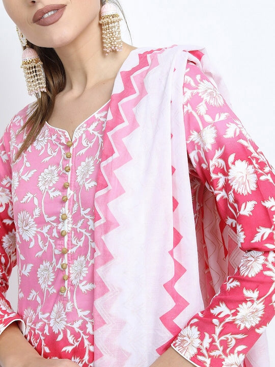 Vishudh Women Pink & White Floral Printed Kurta Palazzos & Dupatta