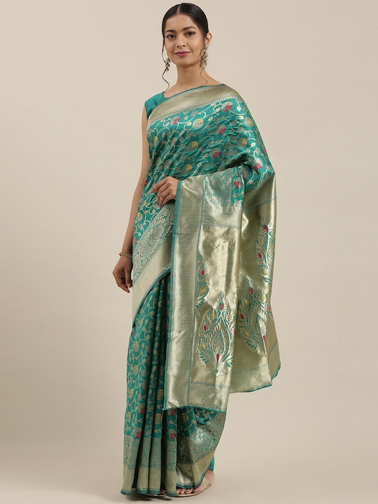 Saree mall Teal Green & Golden Silk Blend Woven Design Banarasi Saree