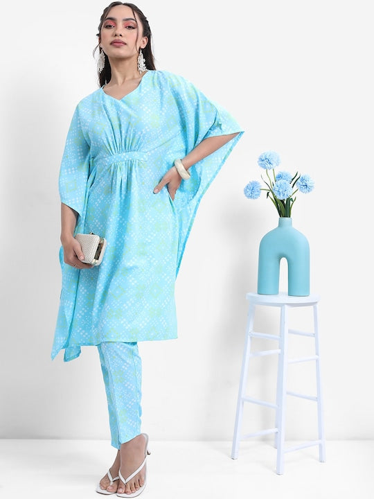 Vishudh Blue Bandhani Printed Flared Sleeves Kaftan With Trousers