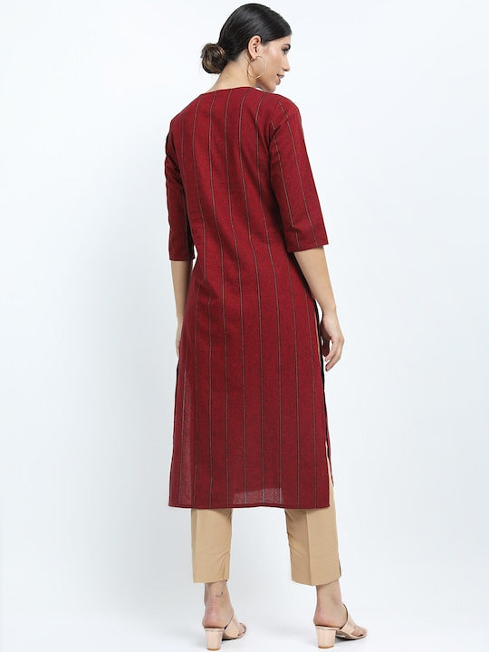 Vishudh Women Maroon Embroidered Yoke Design Straight Kurta
