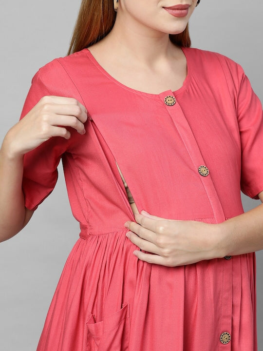 MomToBe Peach-Coloured Solid Maternity Nursing A-Line Midi Dress