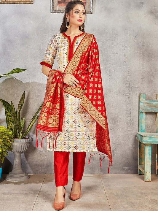 Mitera Beige Ethnic Motifs Printed Notched Neck Straight Kurta with Trousers & Dupatta