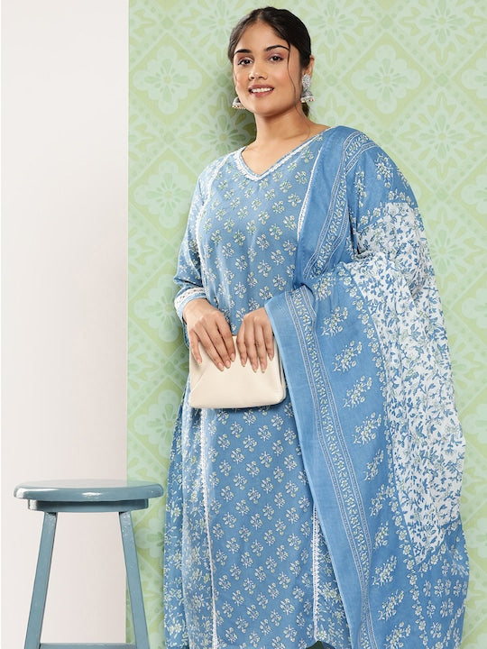 Yufta Plus Size Floral Printed Regular Pure Cotton Kurta with Trousers & Dupatta