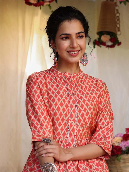 Scakhi Women Orange Printed Anarkali Kurta