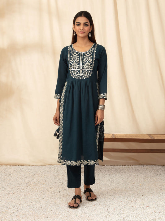 Likha Navy Embroidered Naira Cut Co-ord Set LIKSKD72 (Set of 2) - M