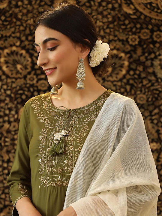 SCAKHI Women Olive Green Floral Embroidered Panelled Kurta with Sharara & With Dupatta